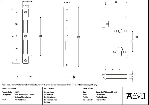 From The Anvil Locks & Latches Polished Bronze / DIN Euro Sash Lock / 2.5" / 65mm From The Anvil - Polished Bronze Euro Din Sash Lock - 60mm Backset/72mm Centre
