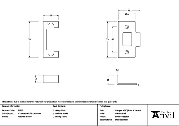 From The Anvil Locks & Latches Polished Bronze / Dead Bolt Rebate Kit From The Anvil - Polished Bronze Rebate Kit for Deadbolt