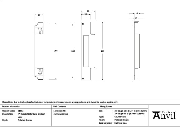 From The Anvil Locks & Latches Polished Bronze / DIN Rebate Kit From The Anvil - Polished Bronze Rebate Kit for Euro Din Sash Lock