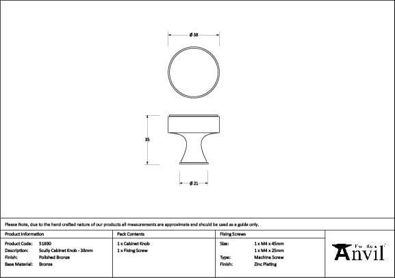 From The Anvil Cabinet Hardware Polished Bronze / Cabinet Knobs / 38mm Dia. From The Anvil - Polished Bronze Scully Cabinet Knob - 38mm