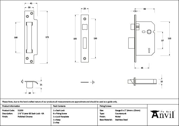From The Anvil Locks & Latches Polished Chrome / 5 Lever Sashlocks / 2.5" / 65mm From The Anvil - Polished Chrome 2.5" 5 Lever BS Sash Lock KA