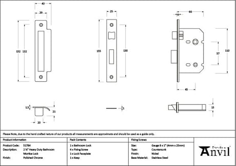 From The Anvil Locks & Latches Polished Chrome / Bathroom Lock / 2.5" / 65mm From The Anvil - Polished Chrome 2.5" Heavy Duty Bathroom Mortice Lock