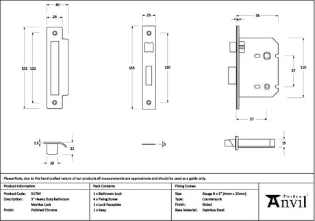 From The Anvil Locks & Latches Polished Chrome / Bathroom Lock / 3" / 76mm From The Anvil - Polished Chrome 3" Heavy Duty Bathroom Mortice Lock