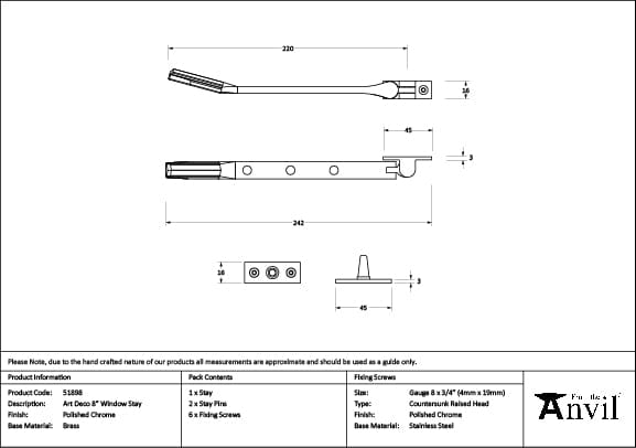 From The Anvil Window Furniture Polished Chrome / 8"/200mm From The Anvil - Polished Chrome Art Deco 8" Stay