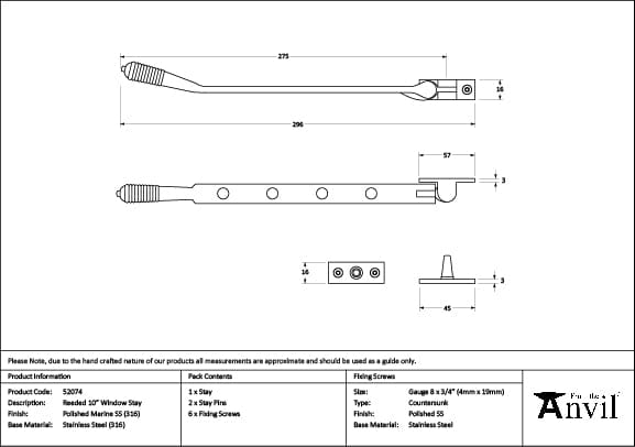 From The Anvil Window Furniture Polished Marine SS (316) / 10"/250mm From The Anvil - Polished Marine SS (316) 10" Reeded Stay