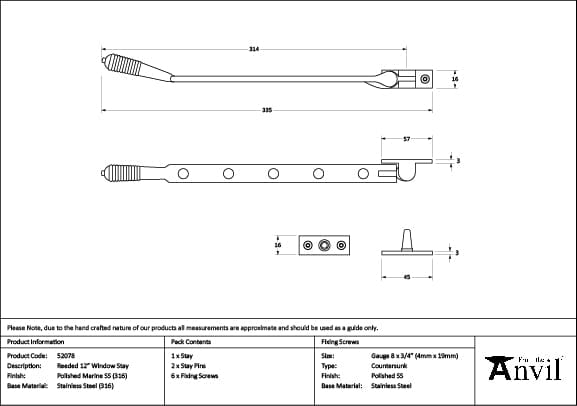 From The Anvil Window Furniture Polished Marine SS (316) / 12"/300mm From The Anvil - Polished Marine SS (316) 12" Reeded Stay