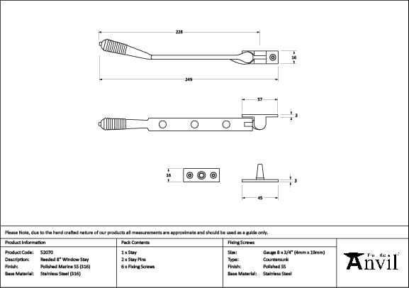From The Anvil Window Furniture Polished Marine SS (316) / 8"/200mm From The Anvil - Polished Marine SS (316) 8" Reeded Stay
