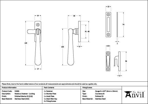 From The Anvil Window Furniture Polished Marine SS (316) / Yes / Mortice & Hook Place From The Anvil - Polished Marine SS (316) Locking Newbury Fastener