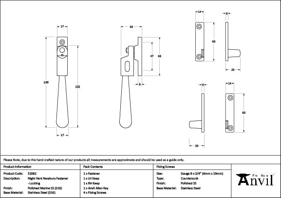 From The Anvil Window Furniture Polished Marine SS (316) / Yes / Night Vent From The Anvil - Polished Marine SS (316) Night-Vent Locking Newbury Fastener