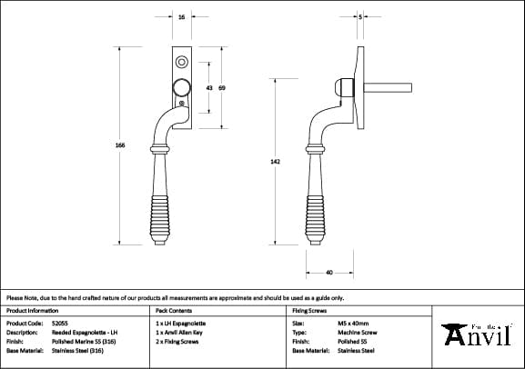 From The Anvil Window Furniture Polished Marine SS (316) / Left Hand / Yes From The Anvil - Polished Marine SS (316) Reeded Espag - LH