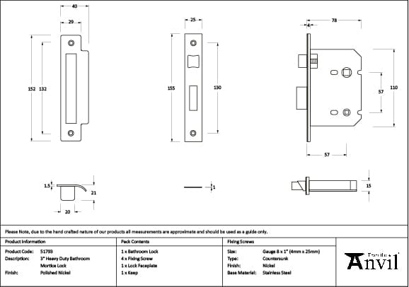 From The Anvil Locks & Latches Polished Nickel / Bathroom Lock / 3" / 76mm From The Anvil - Polished Nickel 3" Heavy Duty Bathroom Mortice Lock