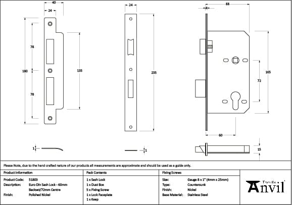 From The Anvil Locks & Latches Polished Nickel / DIN Euro Sash Lock / 2.5" / 65mm From The Anvil - Polished Nickel Euro Din Sash Lock - 60mm Backset/72mm Centre
