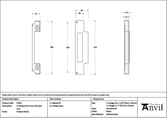 From The Anvil Locks & Latches Polished Nickel / DIN Rebate Kit From The Anvil - Polished Nickel Rebate Kit for Euro Din Sash Lock