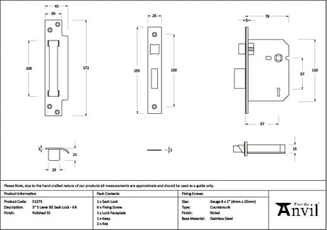 From The Anvil Locks & Latches Polished Stainless Steel / 5 Lever Sashlocks / 3" / 76mm From The Anvil - Polished SS 3" 5 Lever BS Sash Lock KA