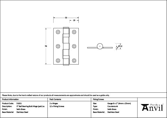 From The Anvil Hinges Satin Brass / Ball Bearing Hinges / 3" (76mm) From The Anvil - Satin Brass 3" Ball Bearing Butt Hinge (Pair) ss