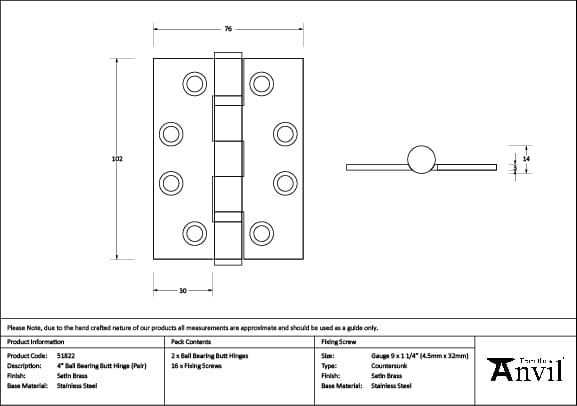 From The Anvil Hinges Satin Brass / Ball Bearing Hinges / 4" x (102mm) From The Anvil - Satin Brass 4" Ball Bearing Butt Hinge (Pair) ss