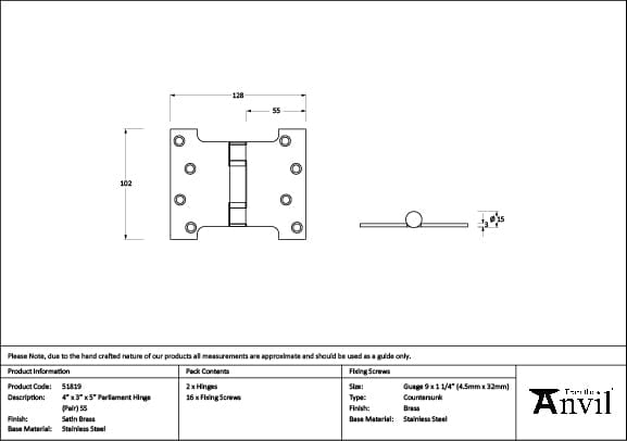 From The Anvil Hinges Satin Brass / Parliament Hinges / 4" x (102mm) From The Anvil - Satin Brass 4" x 3" x 5" Parliament Hinge (pair) ss