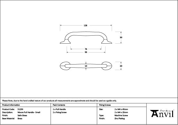 From The Anvil Cabinet Hardware Satin Brass / Cabinet Pull Handles / Small From The Anvil - Satin Brass Moore Pull Handle - Small