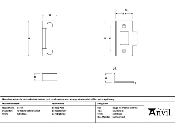 From The Anvil Locks & Latches Satin Brass / Dead Bolt Rebate Kit From The Anvil - Satin Brass Rebate Kit for Deadbolt