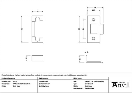 From The Anvil Locks & Latches Satin Brass / Dead Bolt Rebate Kit From The Anvil - Satin Brass Rebate Kit for Deadbolt