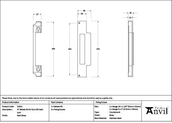 From The Anvil Locks & Latches Satin Brass / DIN Rebate Kit From The Anvil - Satin Brass Rebate Kit for Euro Din Sash Lock