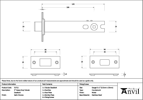 From The Anvil Locks & Latches Satin Chrome / Tubular Dead Bolts / 5" / 127mm From The Anvil - Satin Chrome 5" Heavy Duty Tubular Deadbolt