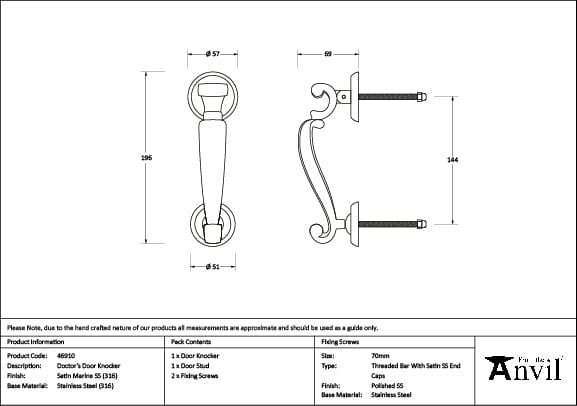 From The Anvil Door Furniture Satin Marine SS (316) / Doctors Door Knocker From The Anvil - Satin Marine SS (316) Doctor's Door Knocker