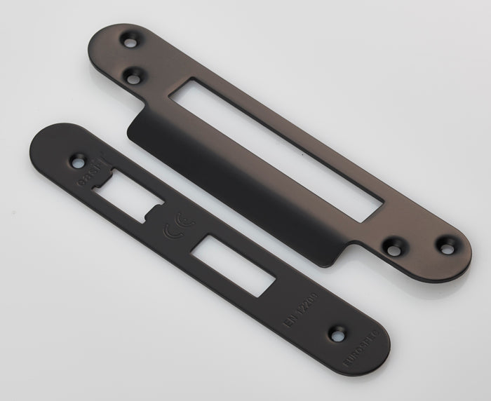 High quality image of Eurospec - Forend Strike & Fixing Pack to suit Architectural Sashlocks (BAS/ESS) - Matt Black | Sku. fsf5004mb-r | Trade Door Handles.