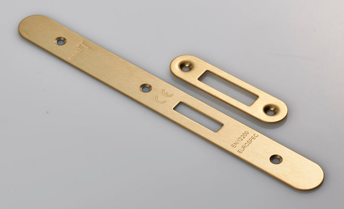 High quality image of Eurospec - Forend Strike and Fixing Pack to suit Din Euro Deadlock (Security) Radius - Satin Brass | Sku. fsf5015sb-r | Trade Door Handles.
