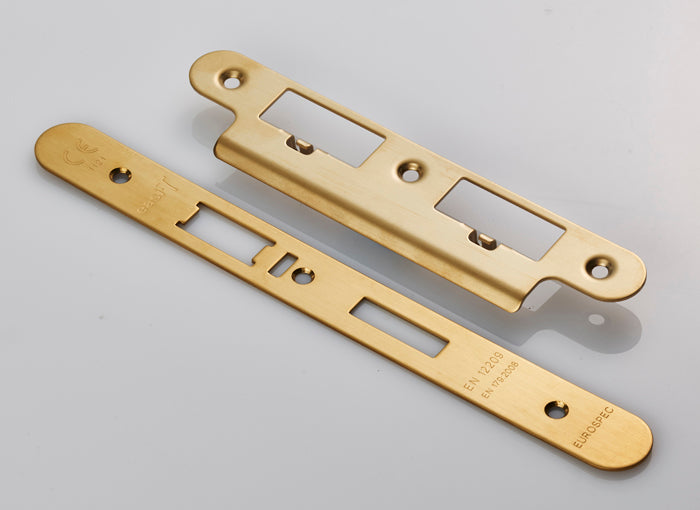 High quality image of Eurospec - Forend Strike & Fixing Pack To Suit Din Escape Lock-PVD-Radius Forend | Sku. fsf5032pvd-r | Trade Door Handles.