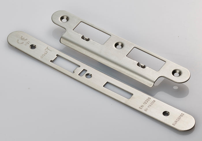 High quality image of Eurospec - Forend Strike & Fixing Pack To Suit Din Escape Lock-Satin Stainless S | Sku. fsf5032sss-r | Trade Door Handles.