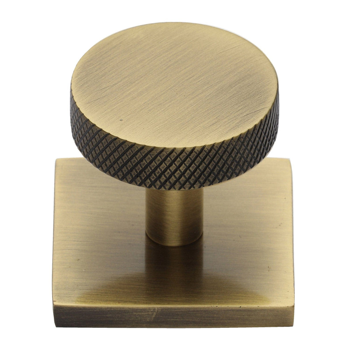 Heritage Brass Cabinet Hardware Antique Brass / Cabinet Knob on Backplate / 32mm Dia. Heritage Brass - Cabinet Knob Disc Knurled Design with Square Backplate 32mm Ant