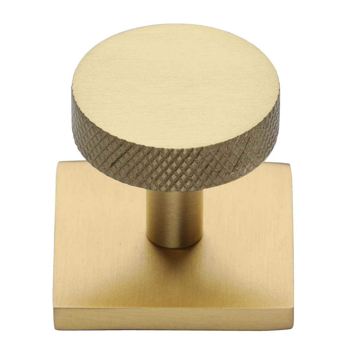 Heritage Brass Cabinet Hardware Satin Brass / Cabinet Knob on Backplate / 32mm Dia. Heritage Brass - Cabinet Knob Disc Knurled Design with Square Backplate 32mm Sat
