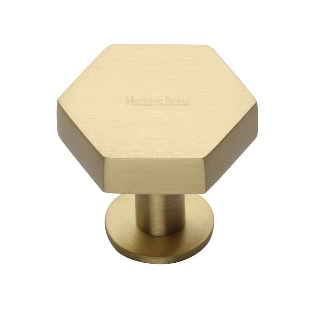 Heritage Brass Cabinet Hardware Satin Brass / Cabinet Knobs / 38mm Dia. Heritage Brass - Cabinet Knob Hexagon Design with Rose 38mm Satin Brass Finish