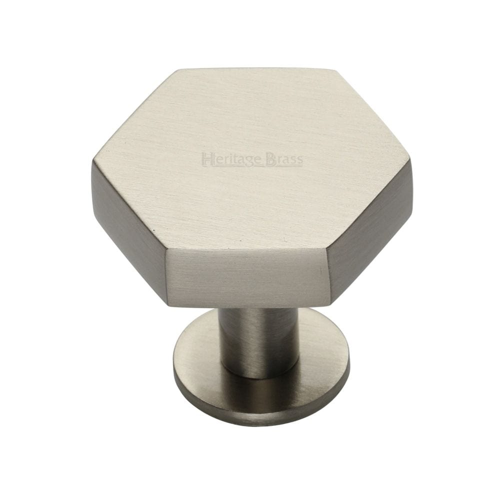 Heritage Brass Cabinet Hardware Satin Nickel / Cabinet Knobs / 38mm Dia. Heritage Brass - Cabinet Knob Hexagon Design with Rose 38mm Satin Nickel Finish