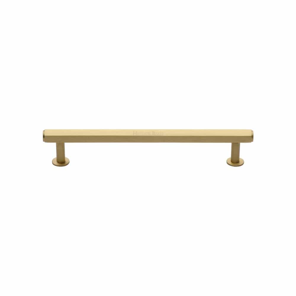 Heritage Brass Cabinet Hardware Satin Brass / Cabinet Pull Handles / 128mm c/c Heritage Brass - Cabinet Pull Hexagon Design with Rose 128mm CTC Satin Brass Fini
