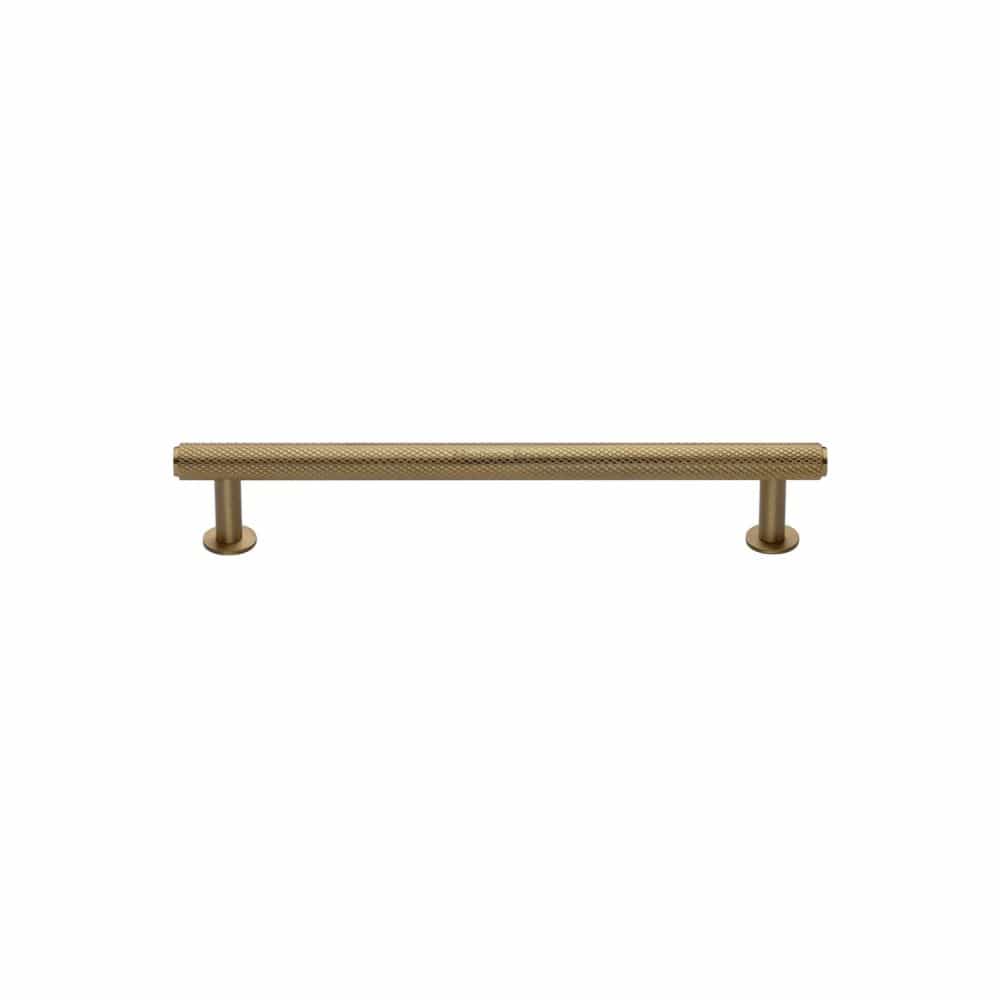 Heritage Brass Cabinet Hardware Satin Brass / Cabinet Pull Handles / 96mm c/c Heritage Brass - Cabinet Pull Knurled Design with Rose 96mm CTC Satin Brass Finis