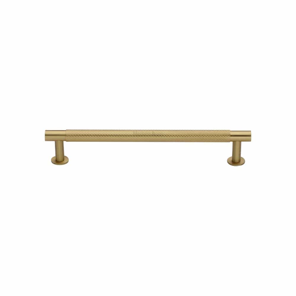 Heritage Brass Cabinet Hardware Satin Brass / Cabinet Pull Handles / 128mm c/c Heritage Brass - Cabinet Pull Partial Knurled Design with Rose 128mm CTC Satin Br