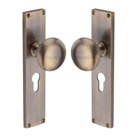 Heritage Brass Door Furniture Antique Brass / Mortice Knobs Heritage Brass Mortice Knob on Euro Profile Plate Victoria Design Antique Brass finish