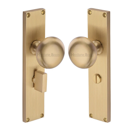 Heritage Brass Door Furniture Satin Brass / Mortice Knobs Heritage Brass Mortice Knob on Reeded Bathroom Plate Victoria Design Satin Brass finish