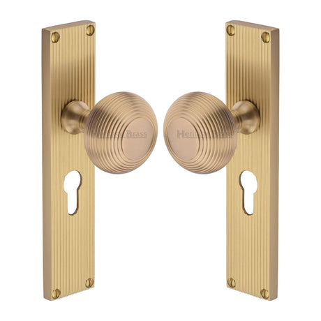 Heritage Brass Door Furniture Satin Brass / Mortice Knobs Heritage Brass Mortice Knob on Reeded Euro Profile Plate Beehive Design Satin Brass finish