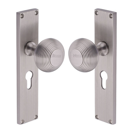 Heritage Brass Door Furniture Satin Nickel / Mortice Knobs Heritage Brass Mortice Knob on Reeded Euro Profile Plate Beehive Design Satin Nickel finish