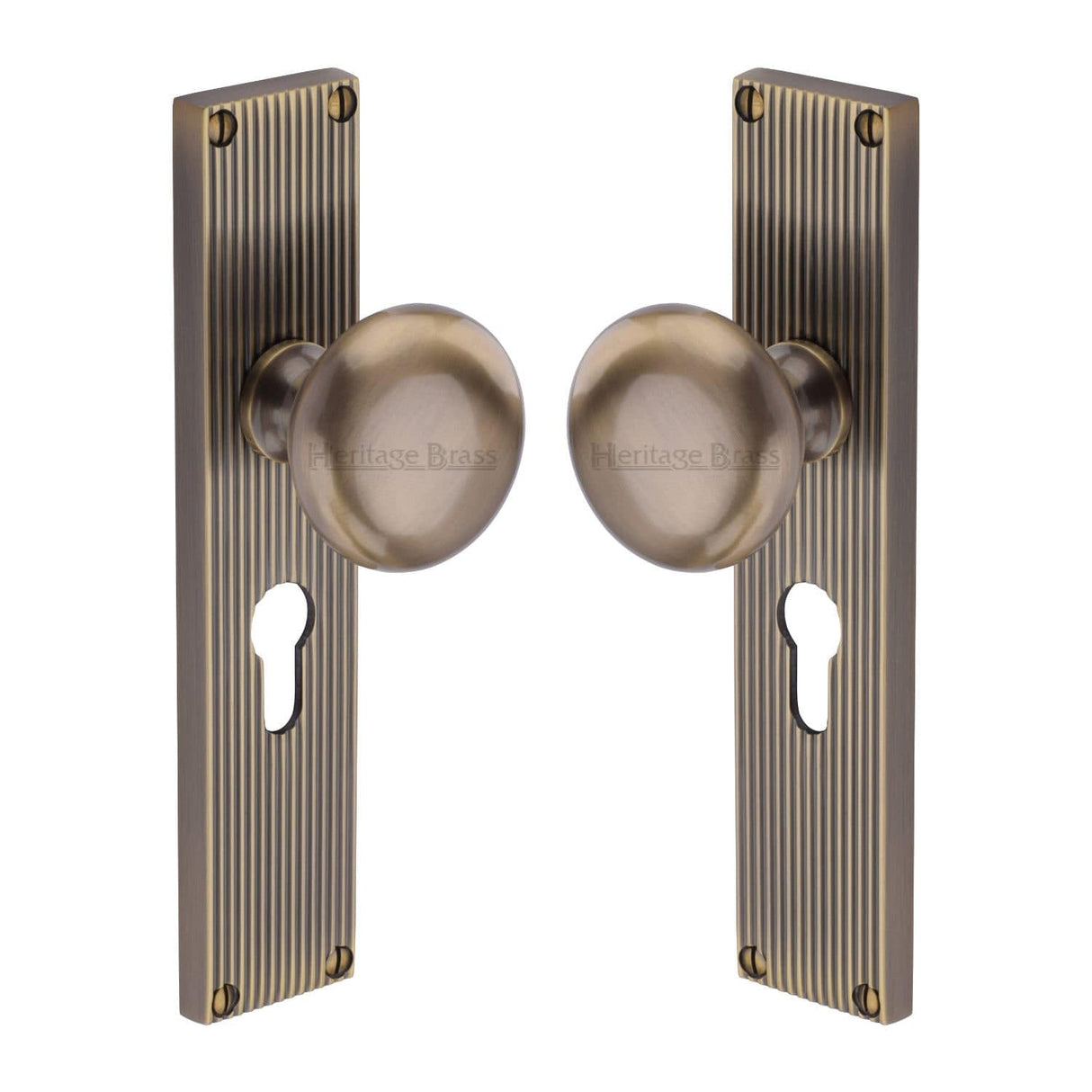 Heritage Brass Door Furniture Antique Brass / Mortice Knobs Heritage Brass Mortice Knob on Reeded Euro Profile Plate Victoria Design Antique Brass finish