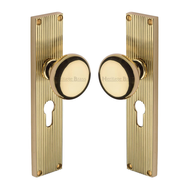Heritage Brass Door Furniture Polished Brass / Mortice Knobs Heritage Brass Mortice Knob on Reeded Euro Profile Plate Victoria Design Polished Brass finish