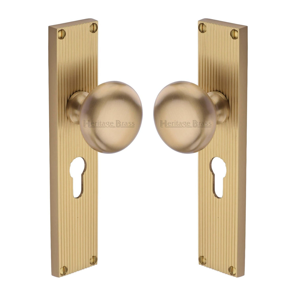 Heritage Brass Door Furniture Satin Brass / Mortice Knobs Heritage Brass Mortice Knob on Reeded Euro Profile Plate Victoria Design Satin Brass finish