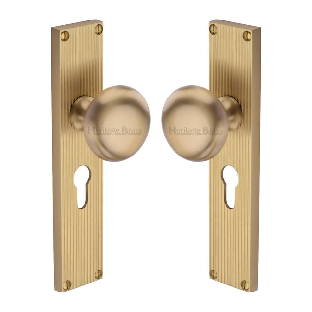 Heritage Brass Door Furniture Satin Brass / Mortice Knobs Heritage Brass Mortice Knob on Reeded Euro Profile Plate Victoria Design Satin Brass finish