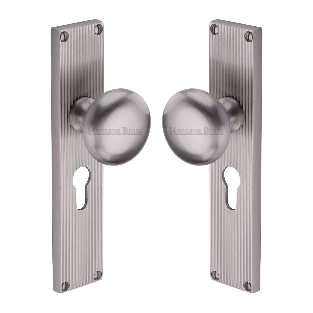 Heritage Brass Door Furniture Satin Nickel / Mortice Knobs Heritage Brass Mortice Knob on Reeded Euro Profile Plate Victoria Design Satin Nickel finish