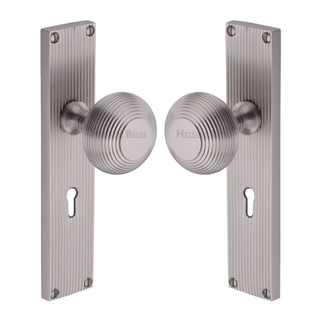 Heritage Brass Door Furniture Satin Nickel / Mortice Knobs Heritage Brass Mortice Knob on Reeded Lock Plate Beehive Design Satin Nickel finish