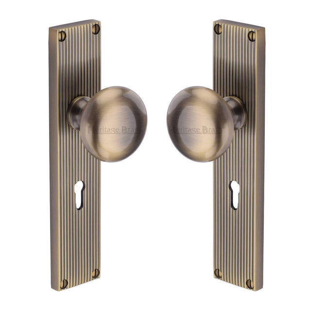 Heritage Brass Door Furniture Antique Brass / Mortice Knobs Heritage Brass Mortice Knob on Reeded Lock Plate Victoria Design Antique Brass finish