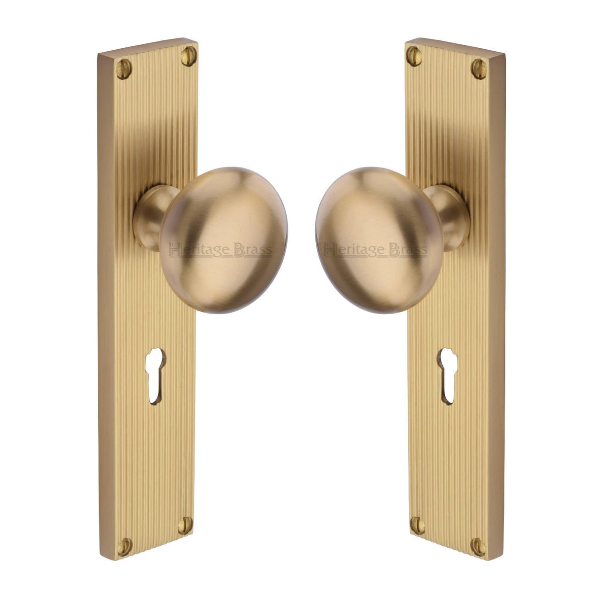 Heritage Brass Door Furniture Satin Brass / Mortice Knobs Heritage Brass Mortice Knob on Reeded Lock Plate Victoria Design Satin Brass finish